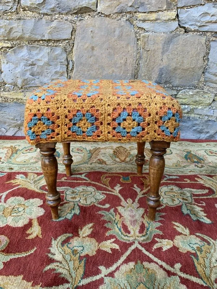 Victorian footstool with a crochet cover. - Image 1