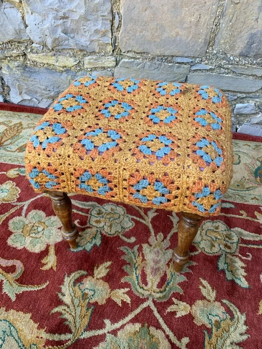 Victorian footstool with a crochet cover. - Image 2