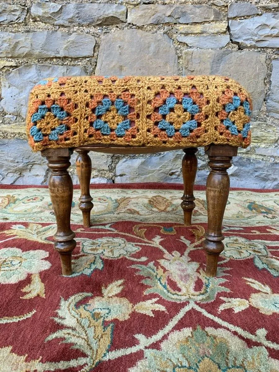 Victorian footstool with a crochet cover. - Image 3