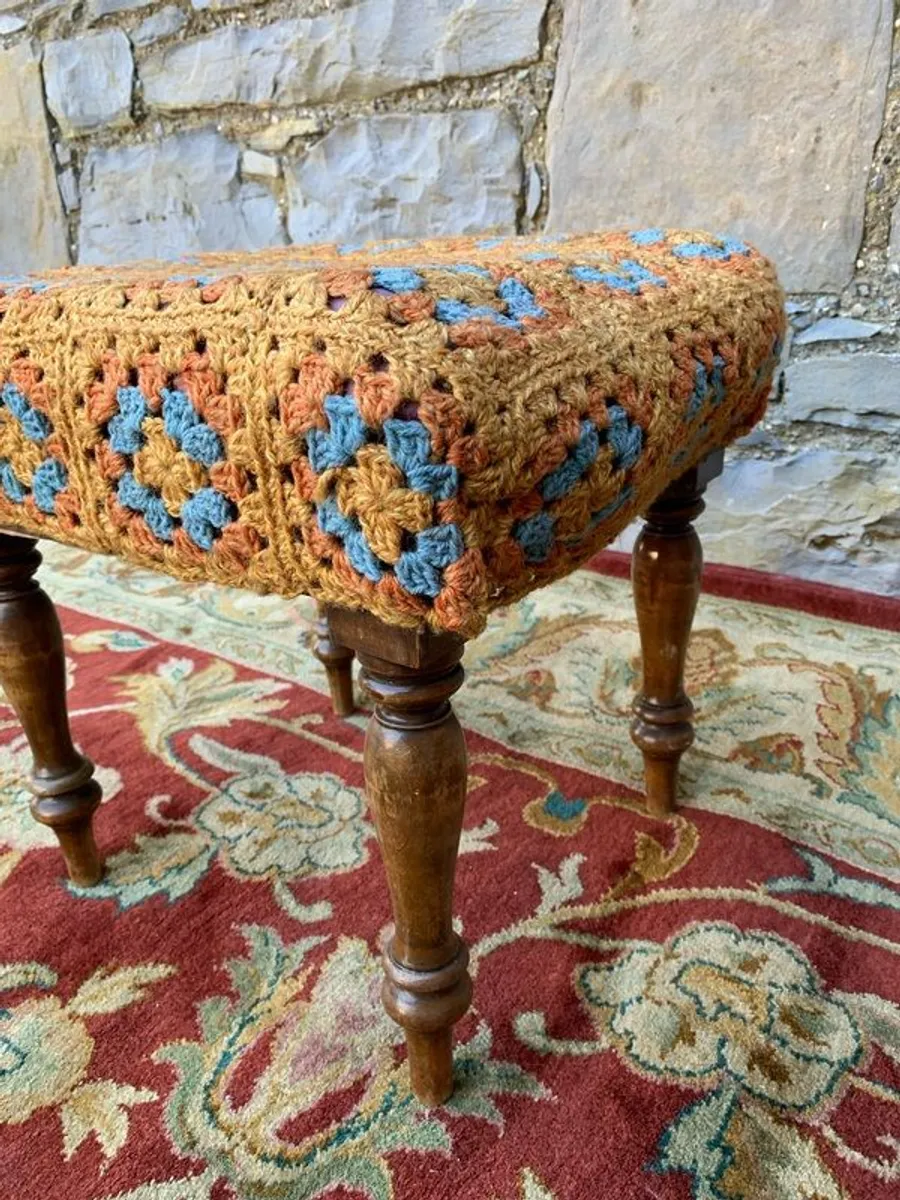 Victorian footstool with a crochet cover. - Image 4