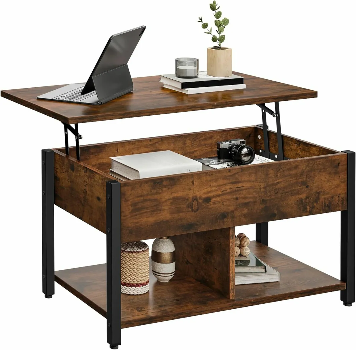 Lift Top Coffee Table 2-Tier Storage Brown - Image 2