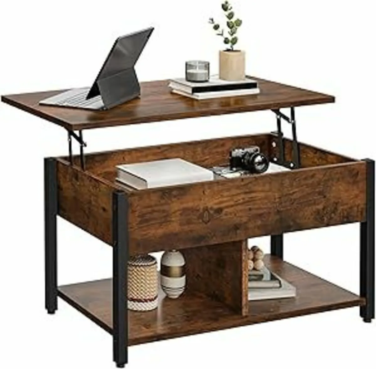 Lift Top Coffee Table 2-Tier Storage Brown - Image 3