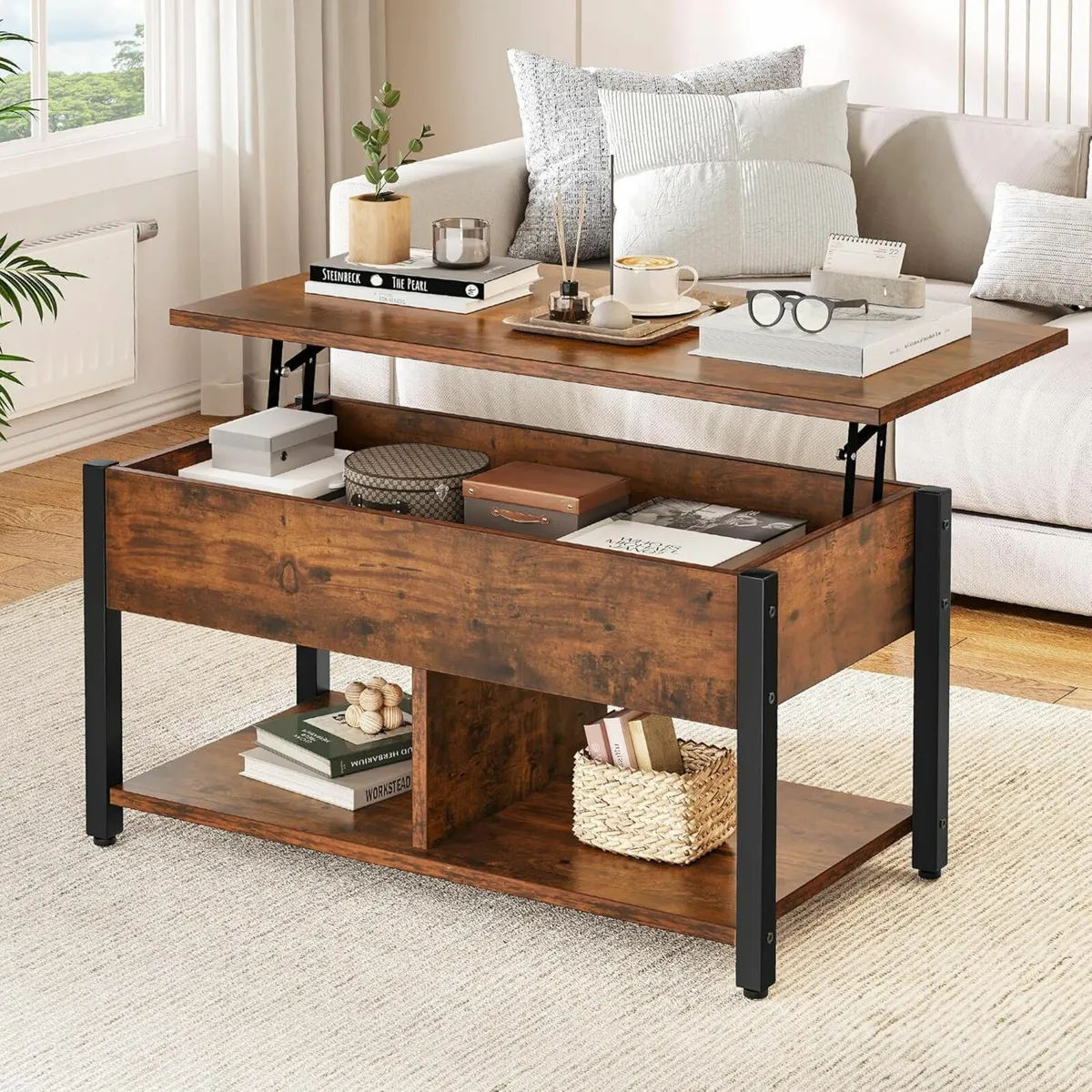 Lift Top Coffee Table 2-Tier Storage Brown - Image 1