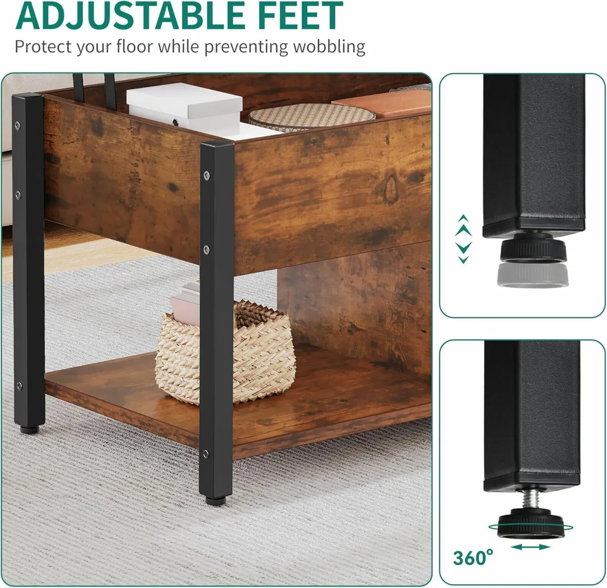 Lift Top Coffee Table 2-Tier Storage Brown - Image 4