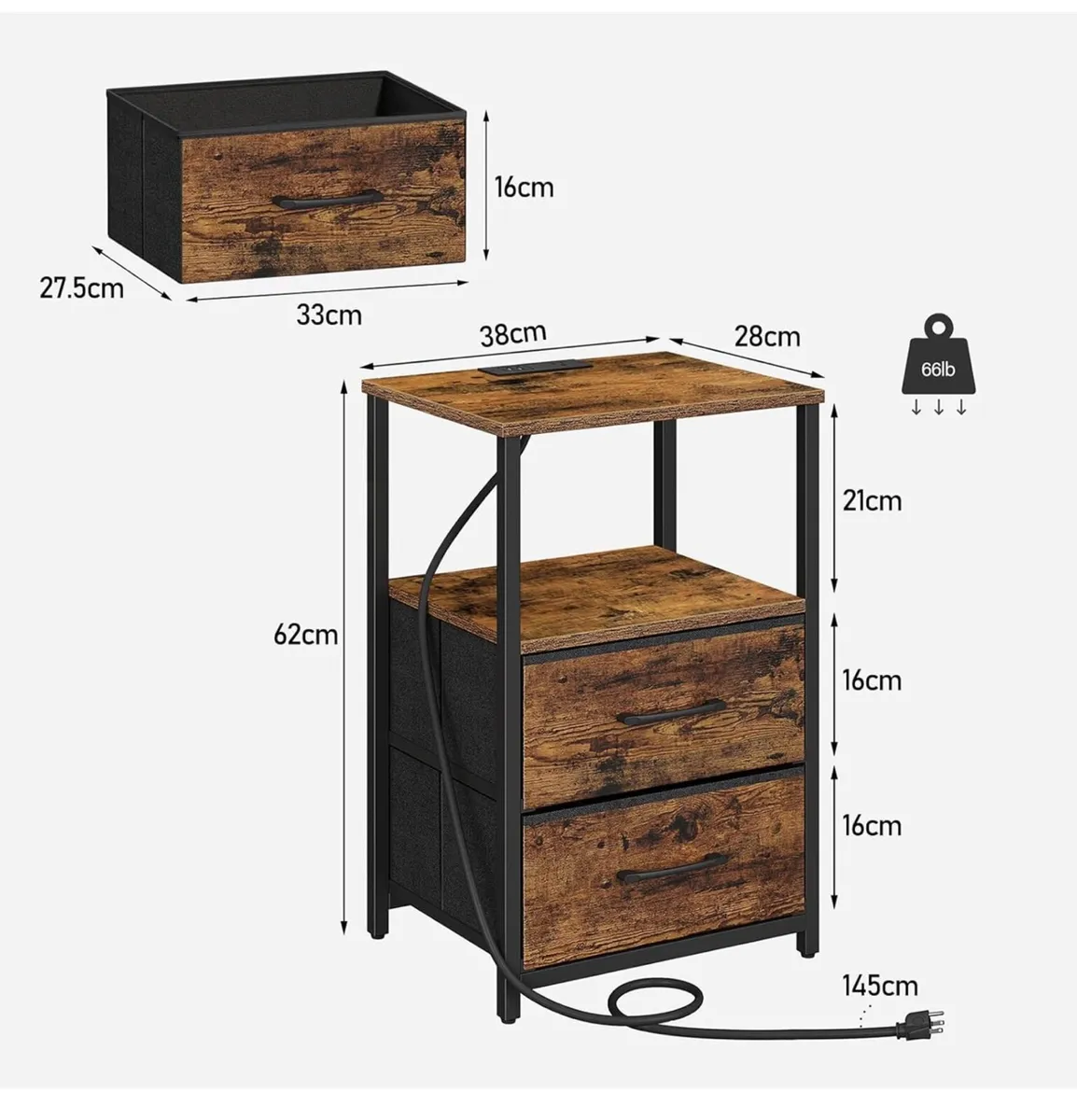 Set 2 of Bedside Table with Charging Station, Side - Image 3