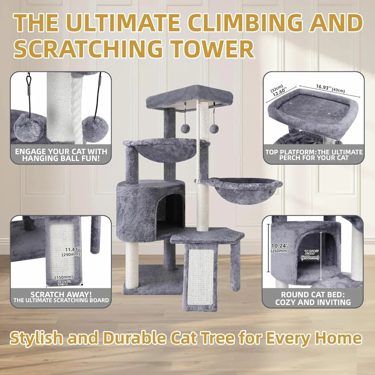 95cm Cat Tree with Scratching Posts, Grey - Image 2