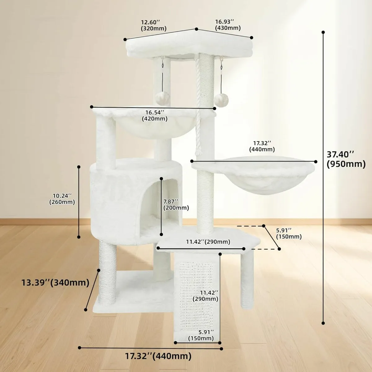 95cm Cat Tree with Scratching Post Furniture white - Image 4