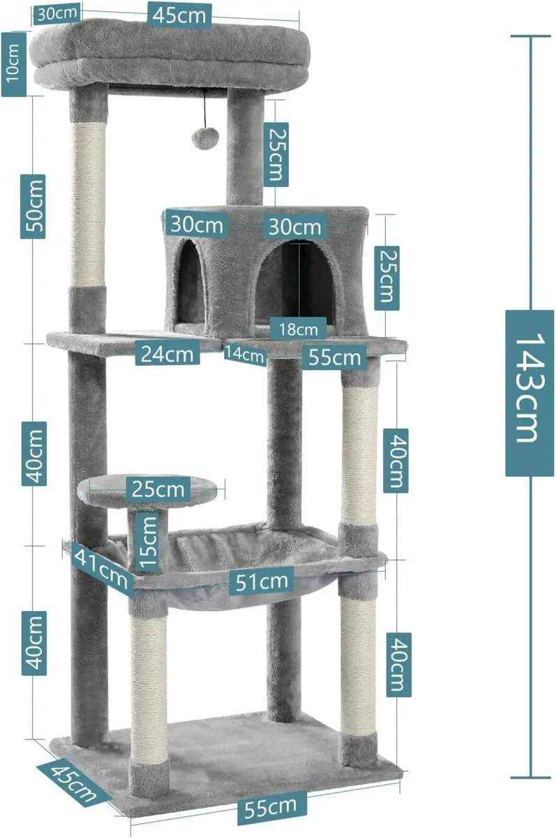 143cm Cat Tree Indoor Cats Large Hammock, Grey - Image 2