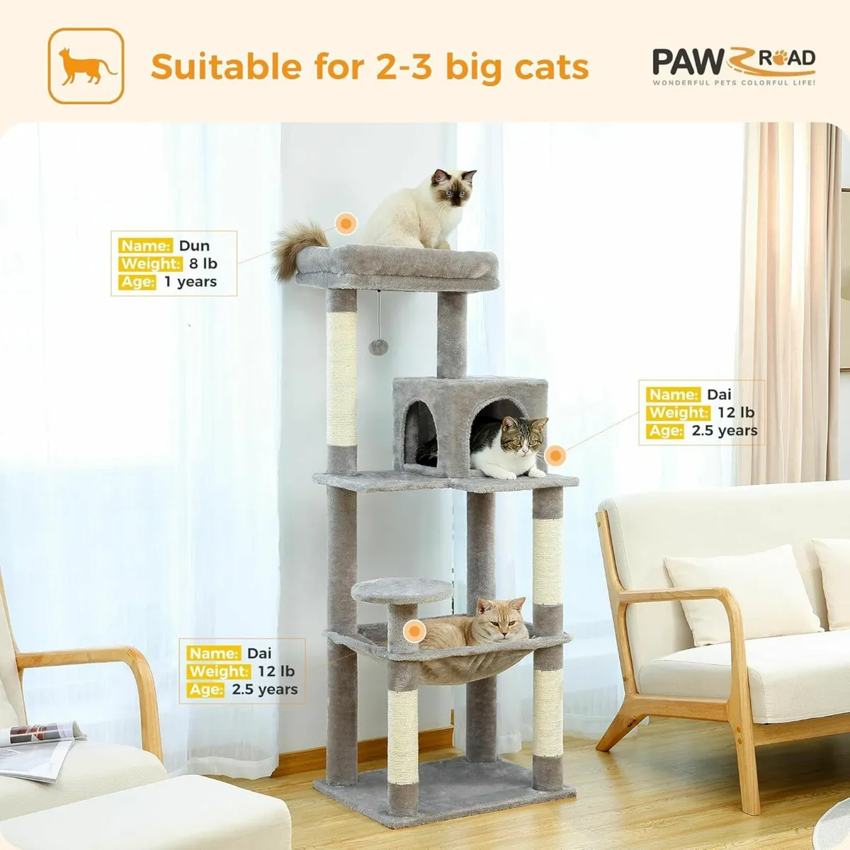 143cm Cat Tree Indoor Cats Large Hammock, Grey - Image 3
