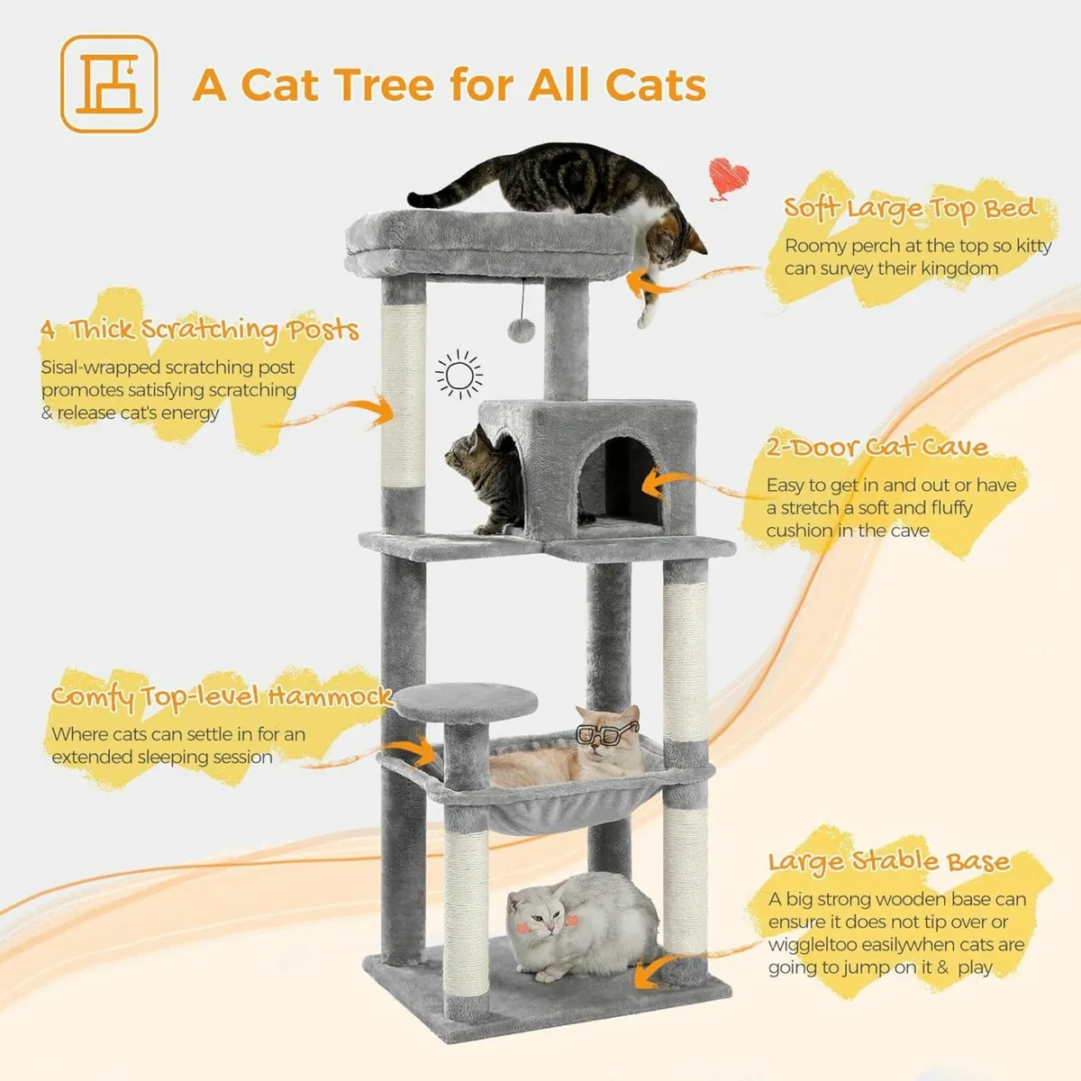 143cm Cat Tree Indoor Cats Large Hammock, Grey - Image 4