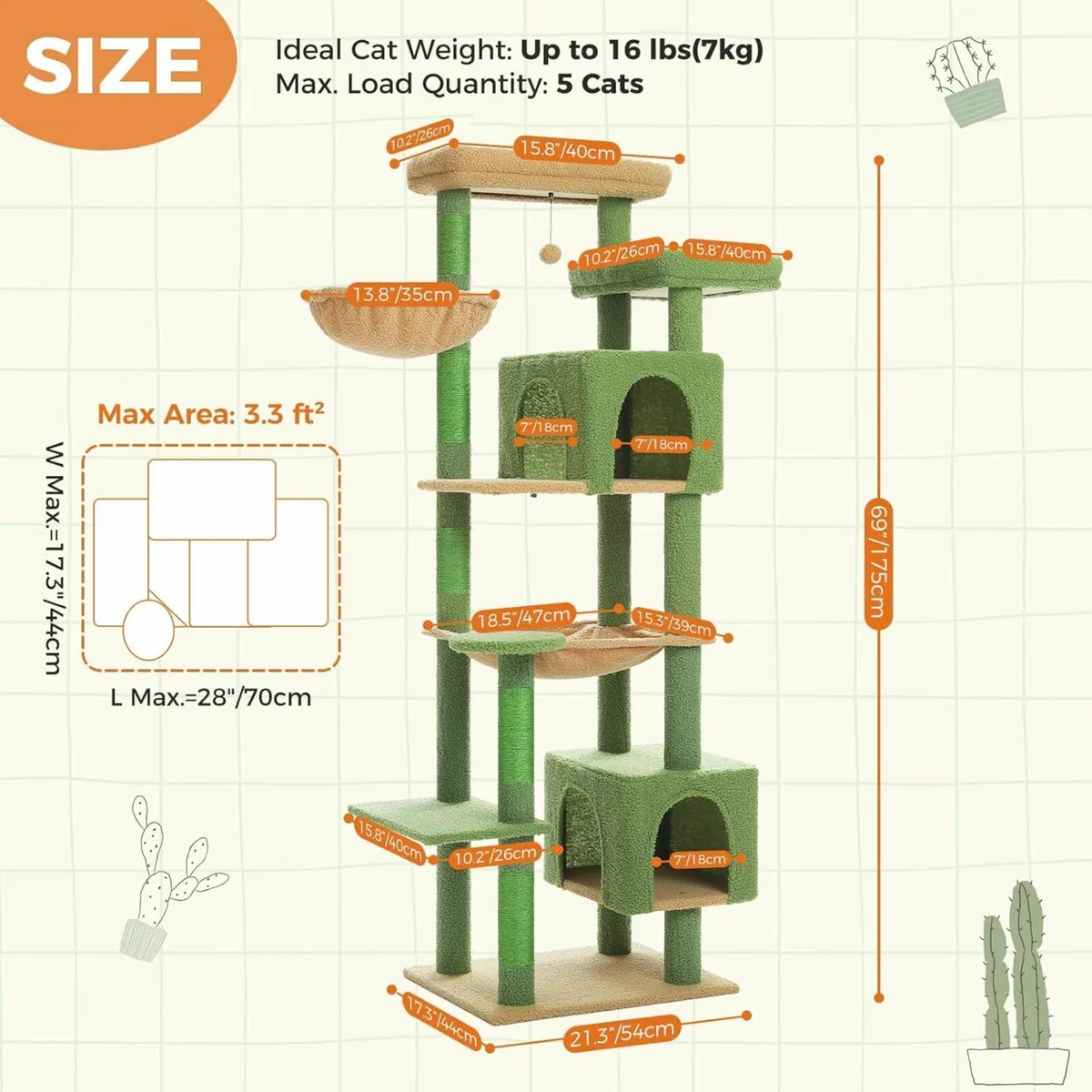 175cm Large Cat Tree Indoor Cats, 70 Inches Green - Image 2