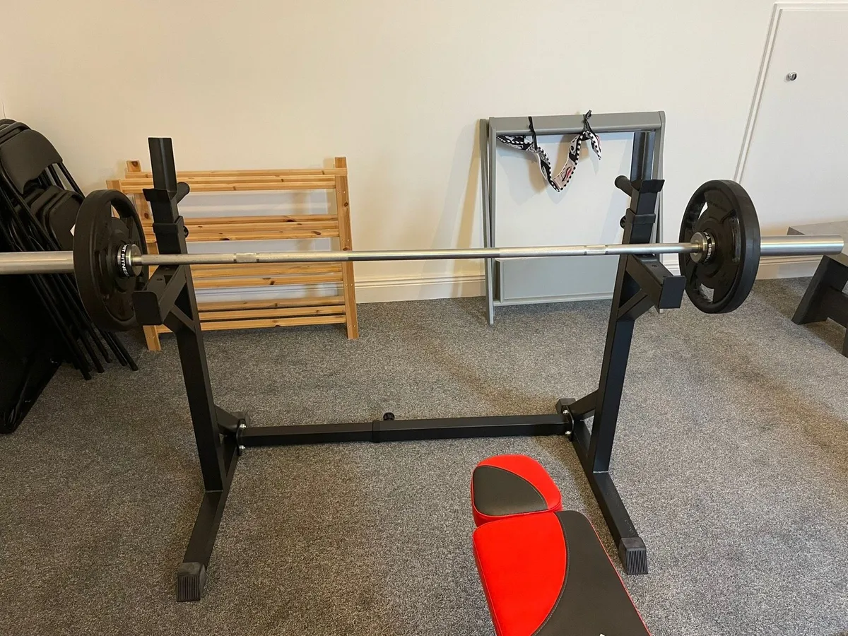Squat Rack, bench, barbell and plates. - Image 2