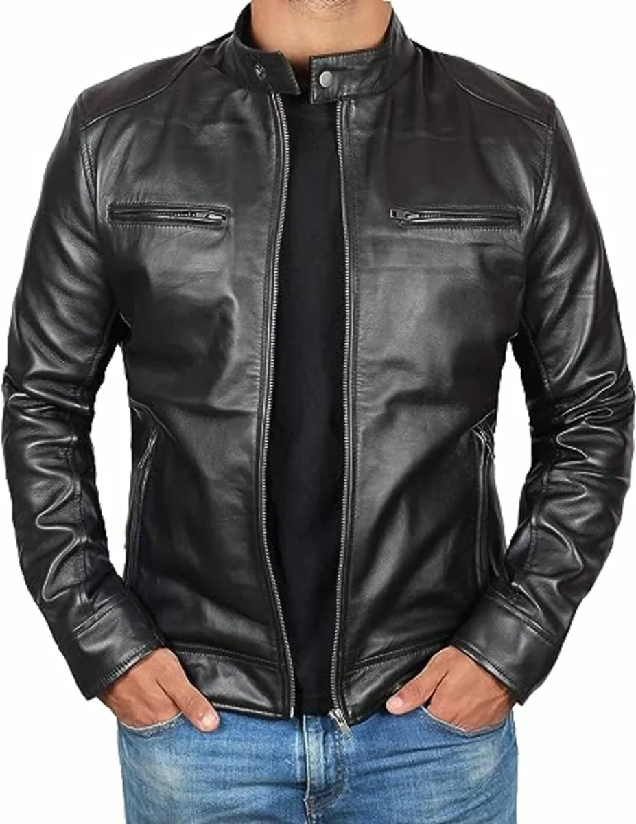 Cafe Racer Black Leather Jacket - Image 1