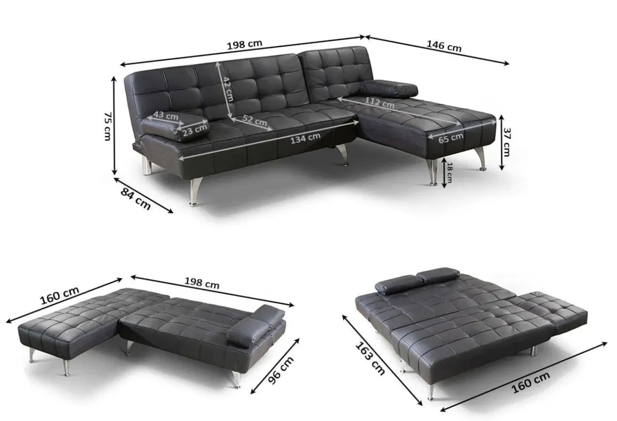 Black Convertible Sofa Bed with Chaise - Image 4