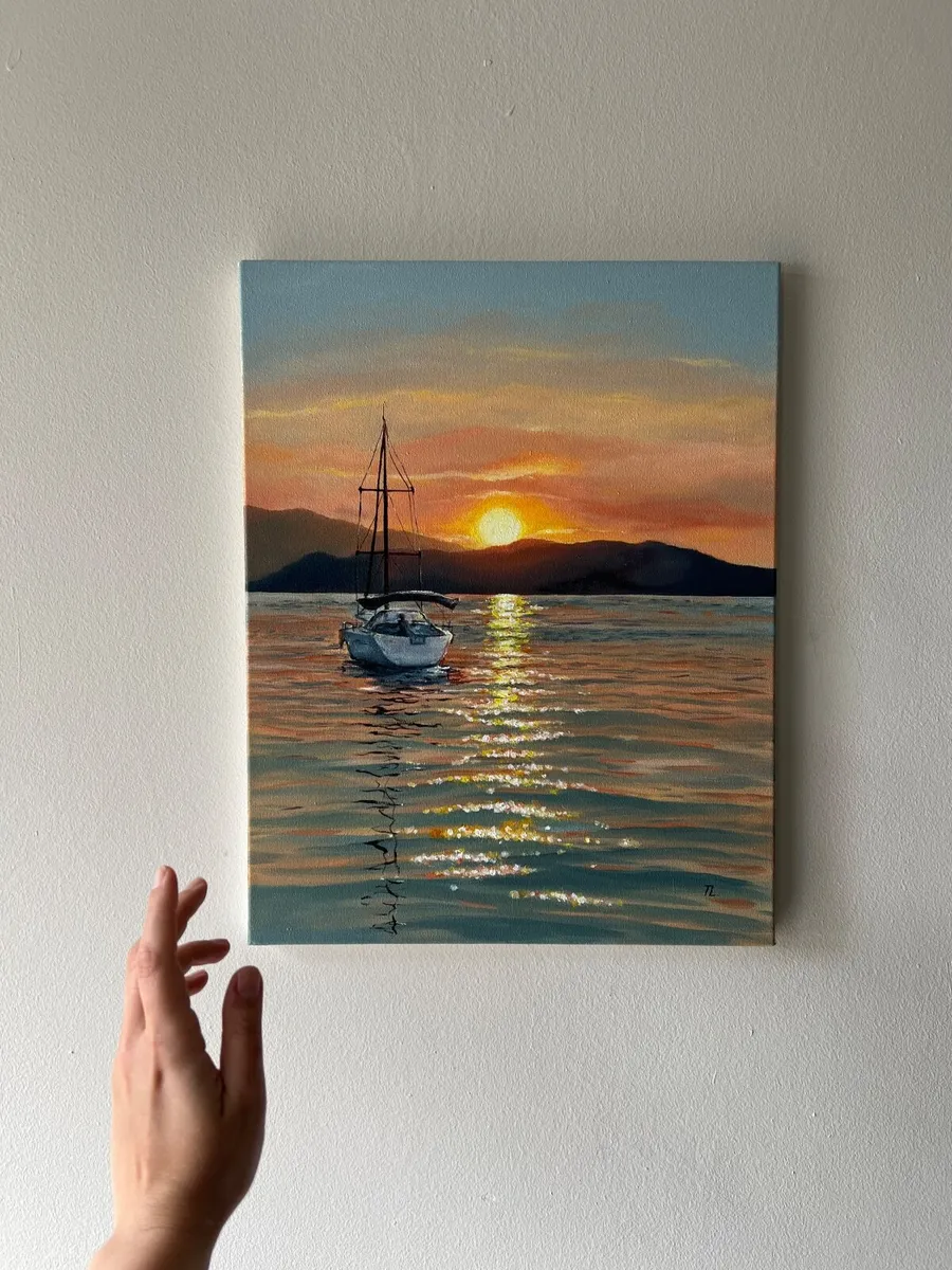 ORIGINAL OIL PAINTING Sunset Sea View Sailboat Art - Image 3