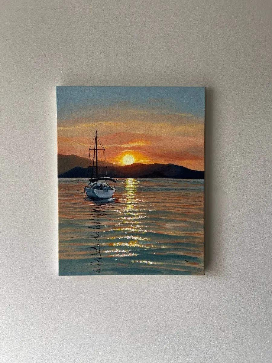 ORIGINAL OIL PAINTING Sunset Sea View Sailboat Art - Image 1