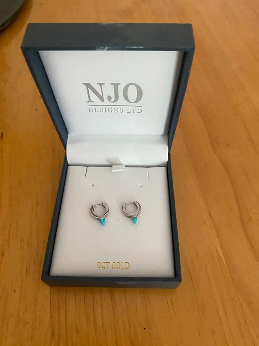 Silver Turquoise Spike Cubic Huggie Earrings (NJO) - Image 1
