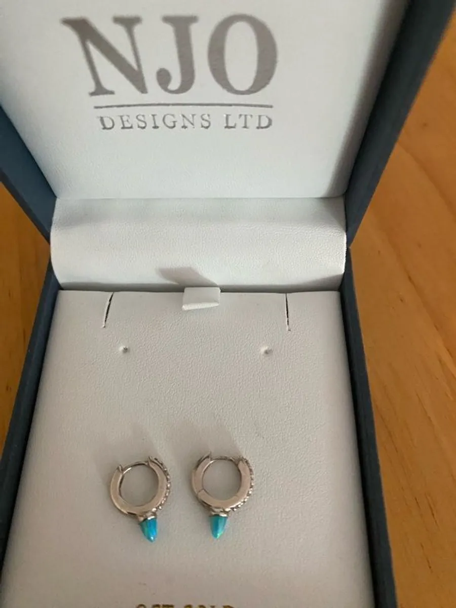 Silver Turquoise Spike Cubic Huggie Earrings (NJO) - Image 2