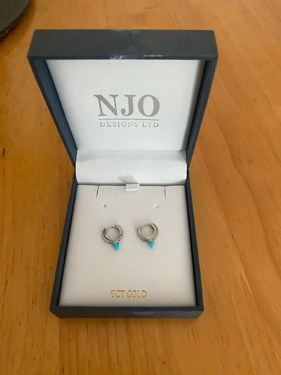 Silver Turquoise Spike Cubic Huggie Earrings (NJO) - Image 3