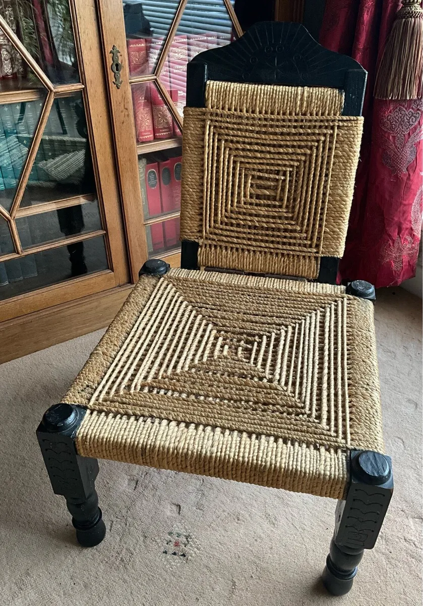 Vintage Indian Tribal Hand Carved Low Chair 1920s - Image 1