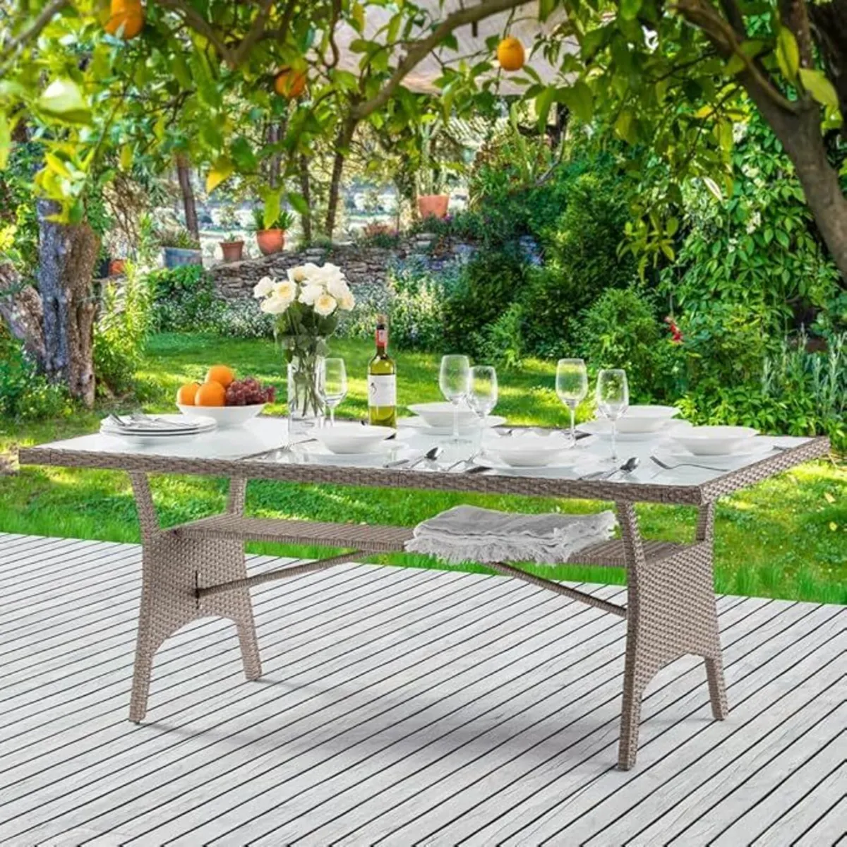 Polyrattan Garden Table with Shelf, Safety Glass T - Image 1