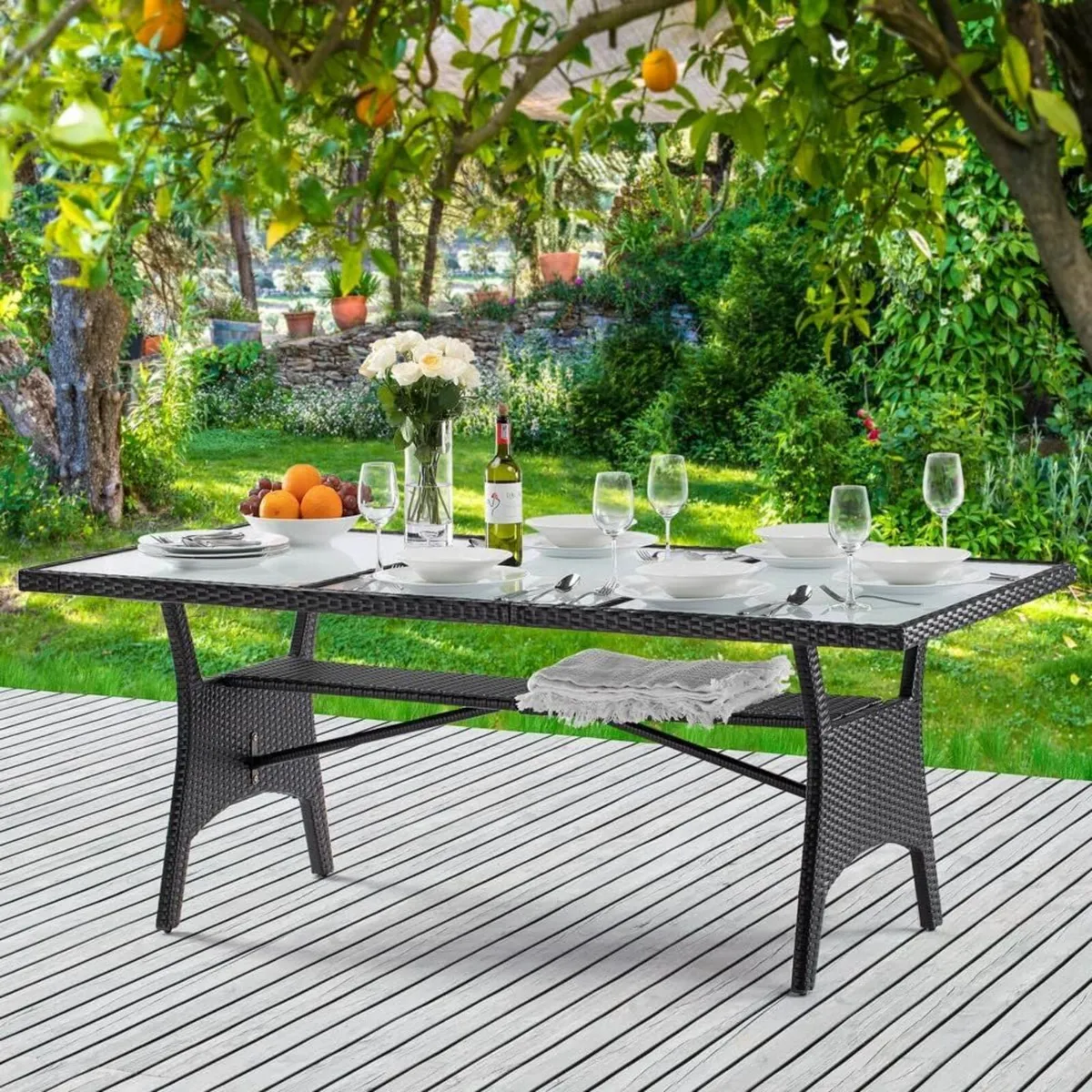 Polyrattan Garden Table with Shelf, Safety Glass T - Image 4