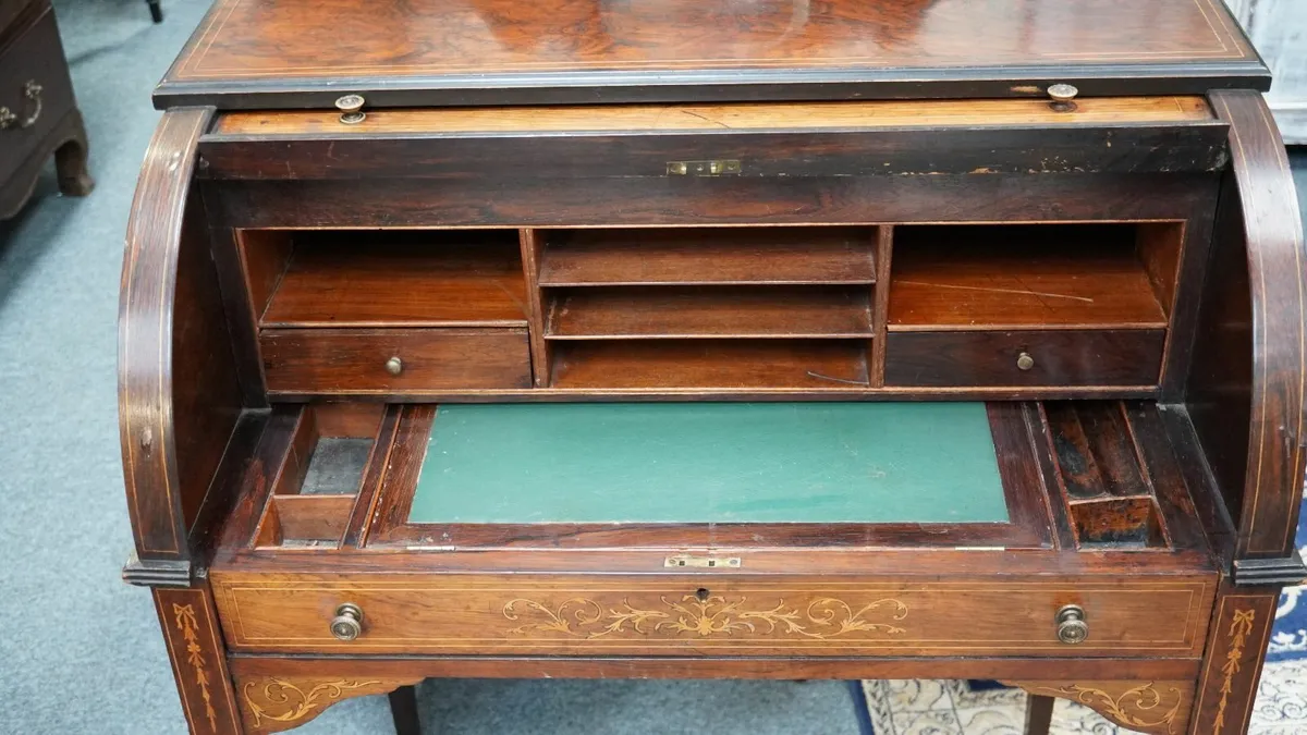 🌿 Edwardian Rosewood Cylinder Bureau c. 1900–1910 - Image 4