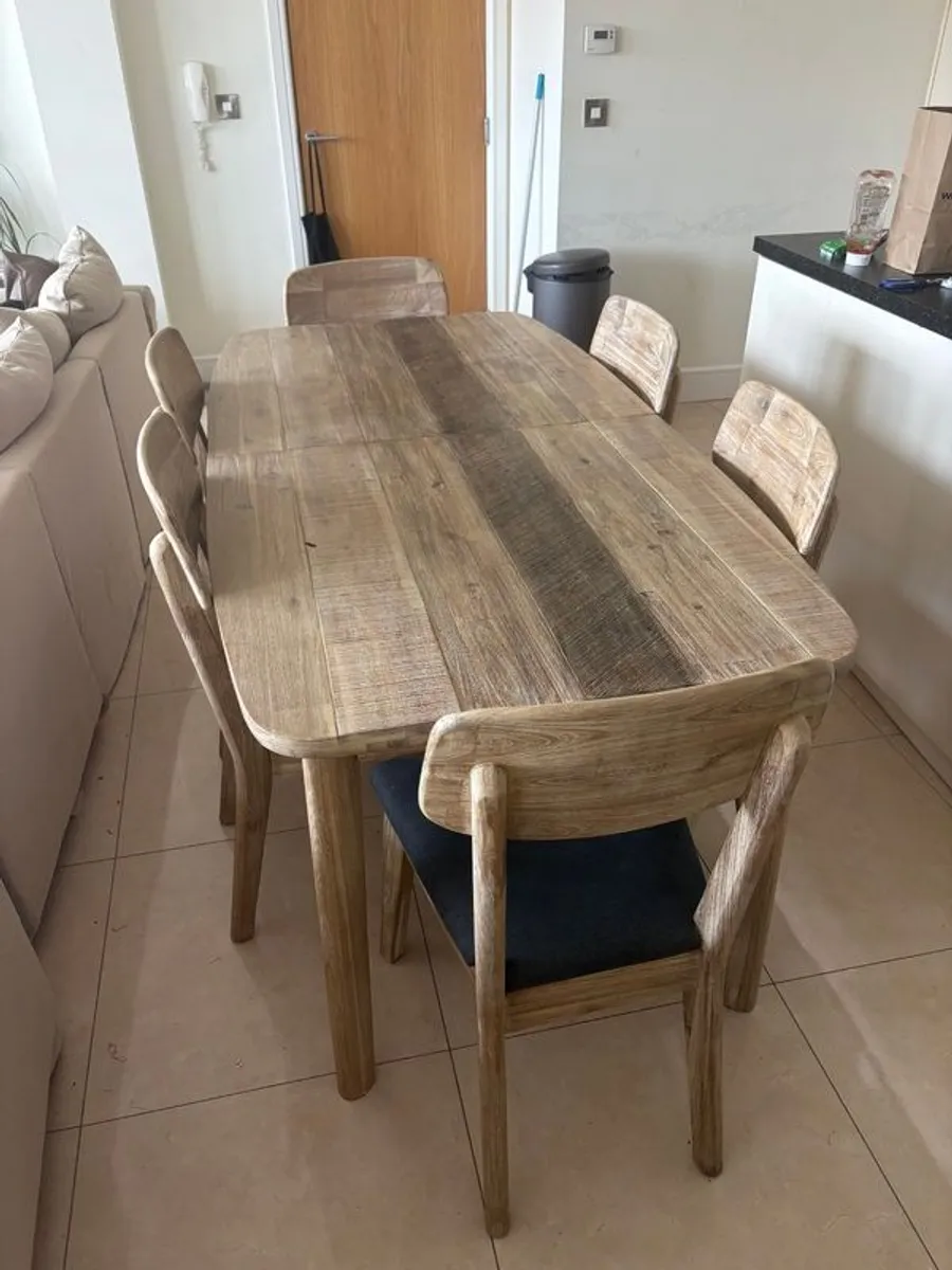 Washed wood rustic extendable dining room table and chairs set - Image 1