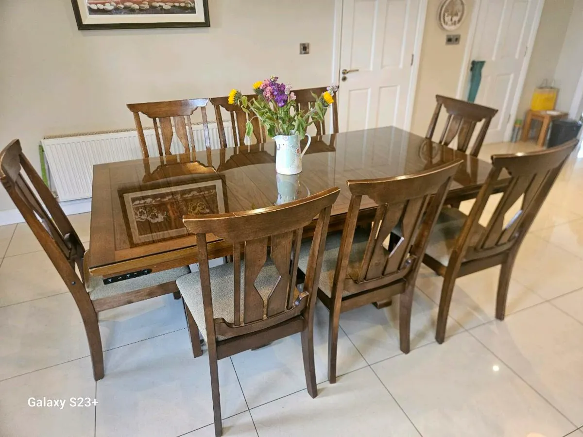 Walnut Veneer Dining Table with 8 Chairs - Image 1