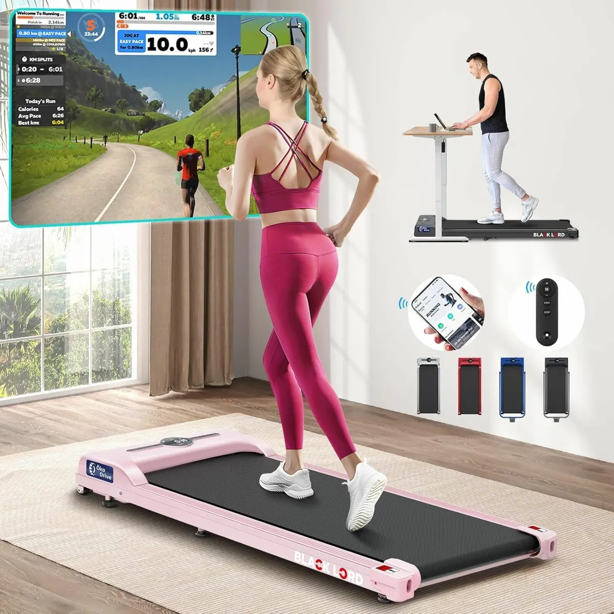 Walking Pad Treadmill LED Display Bluetooth Pink - Image 1