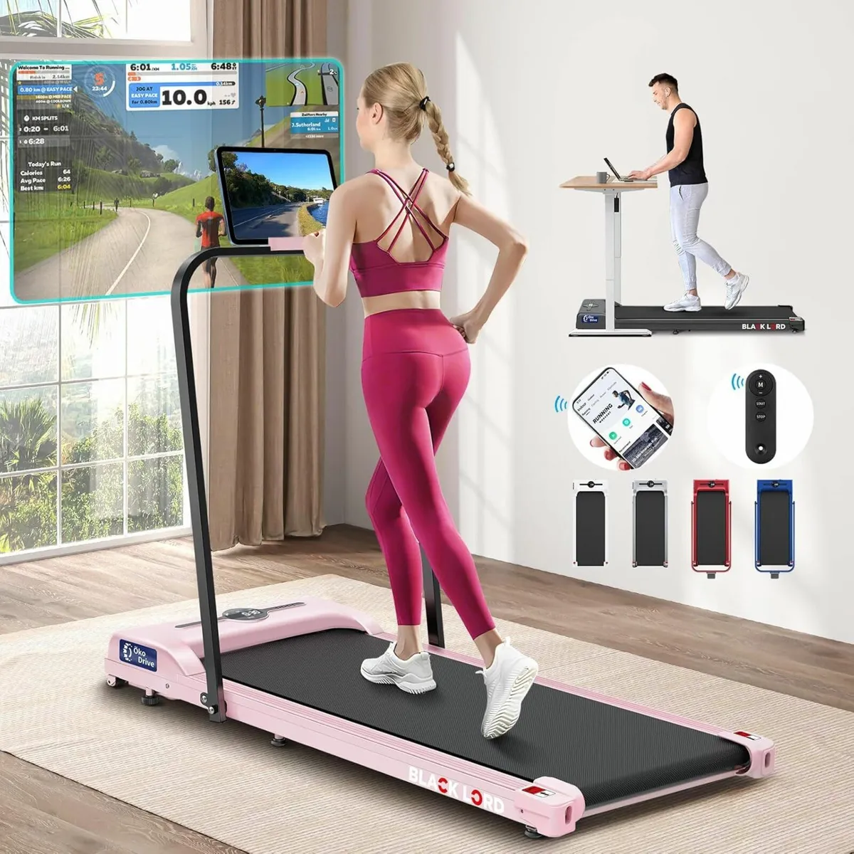 Walking Pad Treadmill, LED Display Bluetooth Pink - Image 1