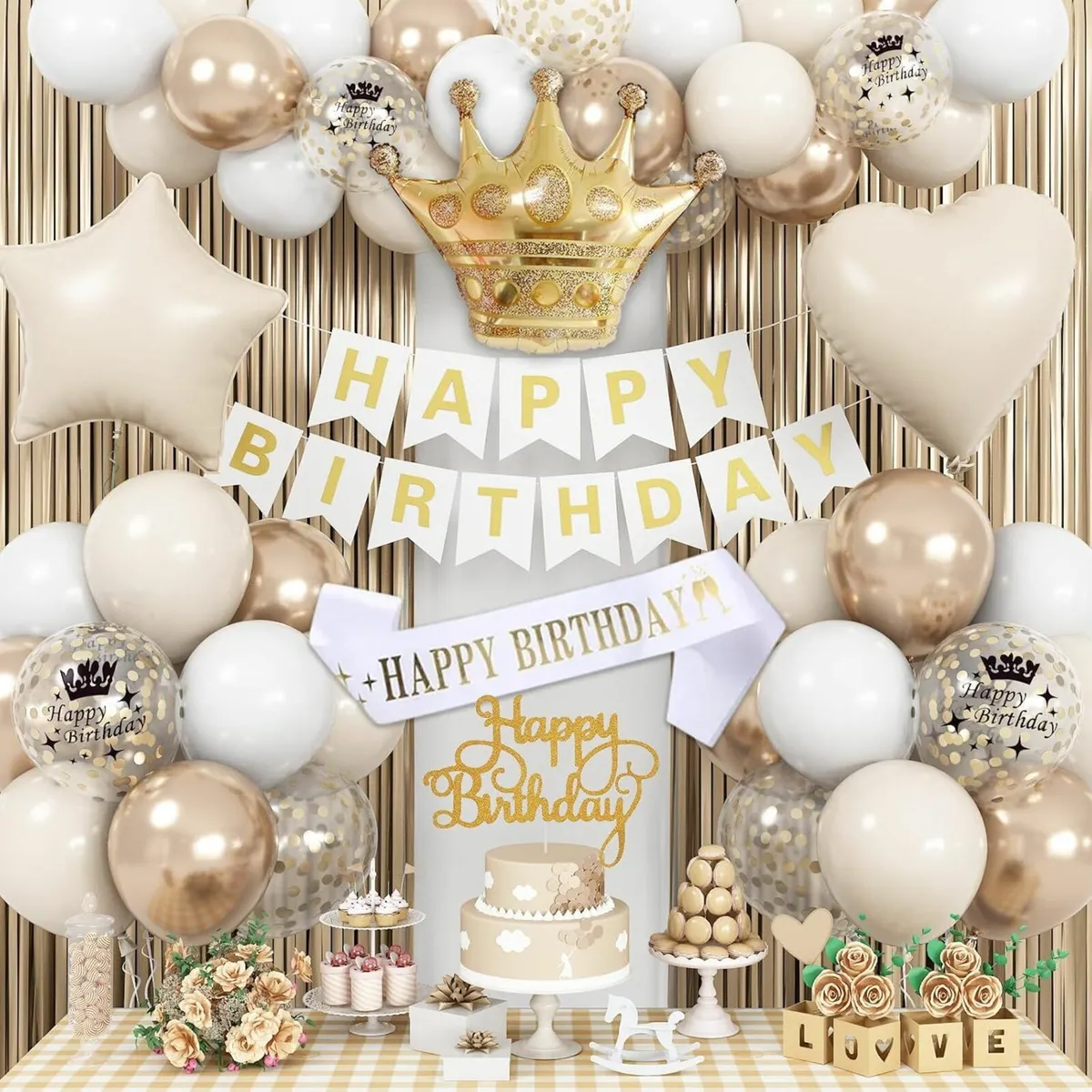 White and Gold Birthday Decorations Cake Topper - Image 1