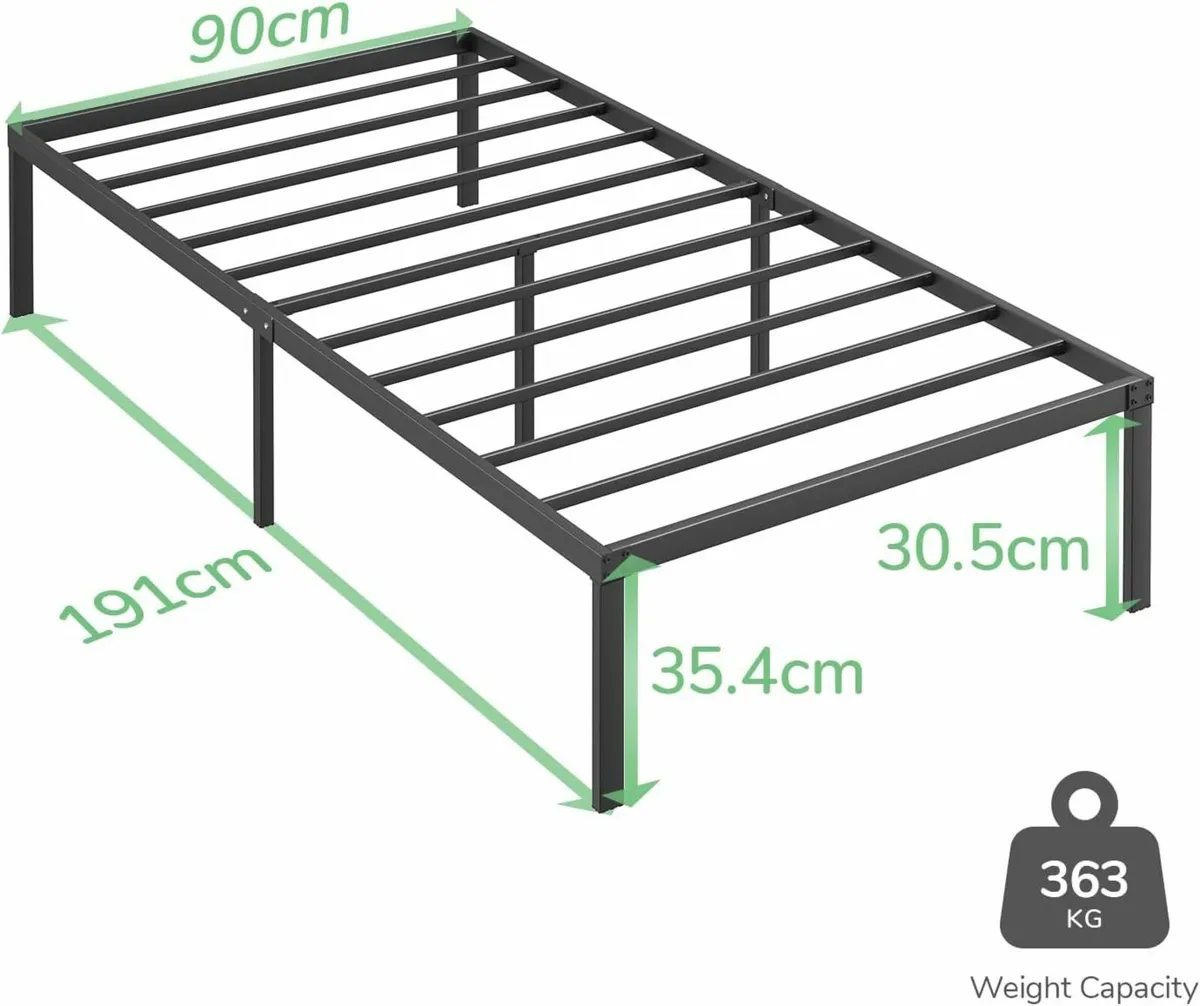 Single Bed Frame, Slat Support 90x190cm, Black - Image 2