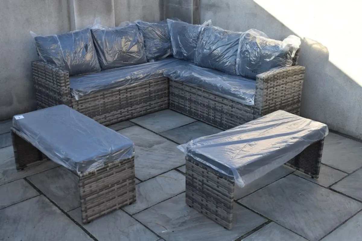 BRAND NEW Assembled 9-Seater Rattan Garden Furniture Sofa Set with Fire Pit Table from Tudor Furniture - Image 2