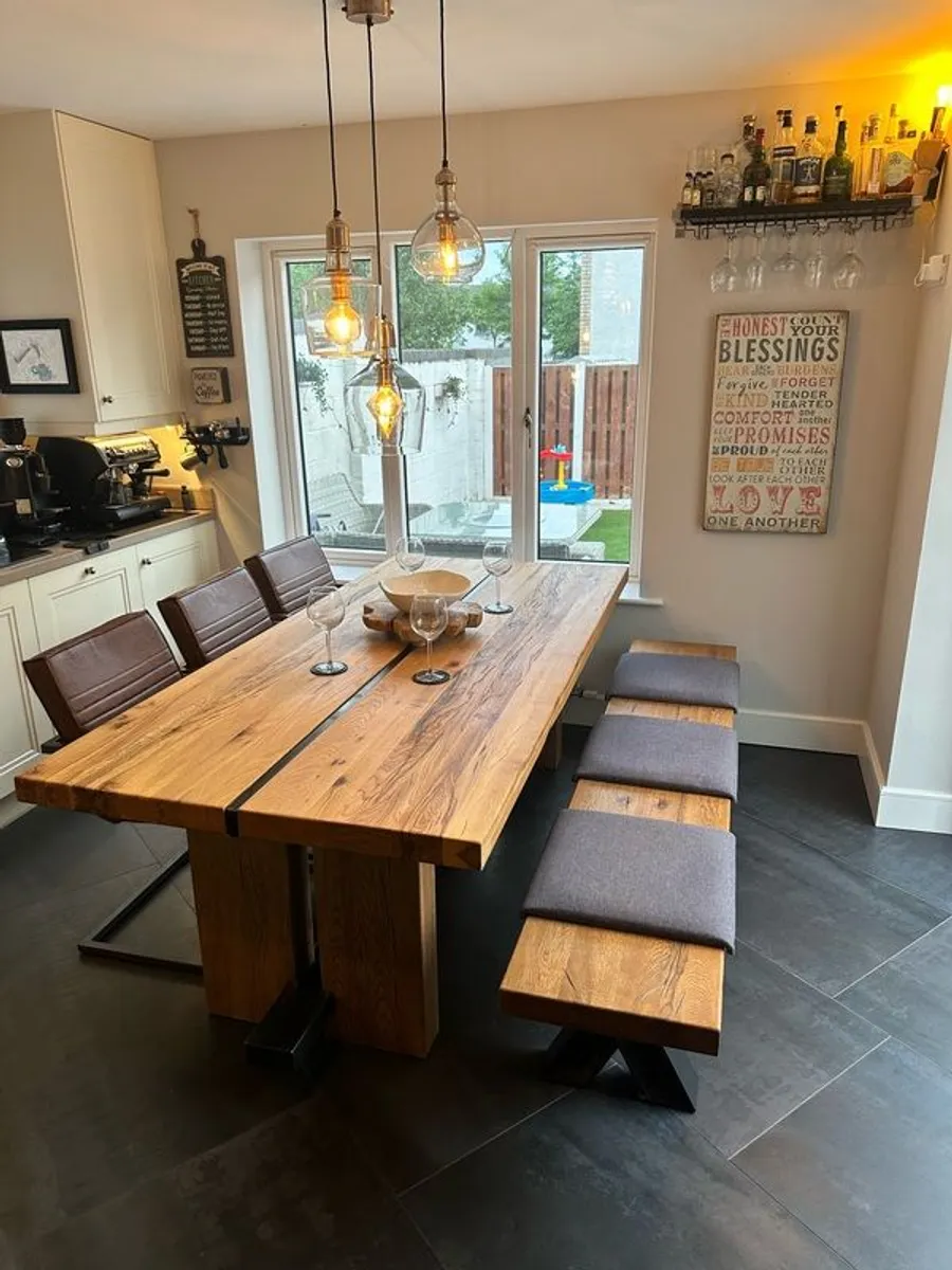 Solid Oak Dining Table and Matching Bench - Image 1