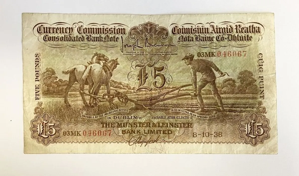 Currency Commission Consolidated Ploughman Munster And Leinster Bank Limited Five Pound Bank Note - Image 1