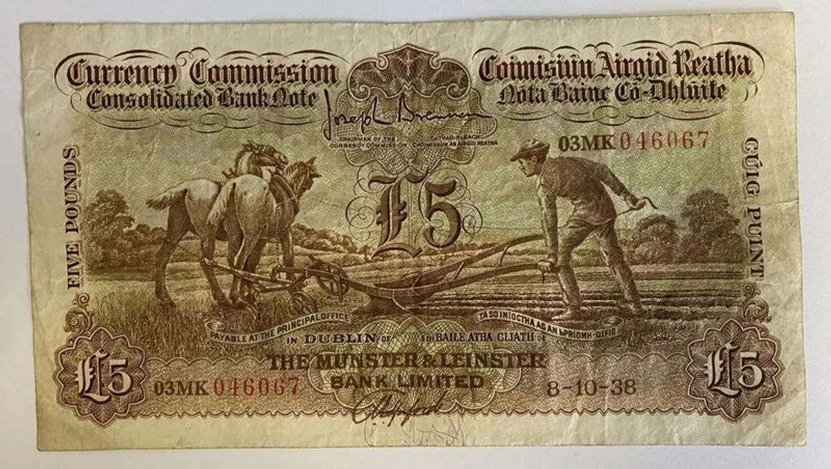 Currency Commission Consolidated Ploughman Munster And Leinster Bank Limited Five Pound Bank Note - Image 2