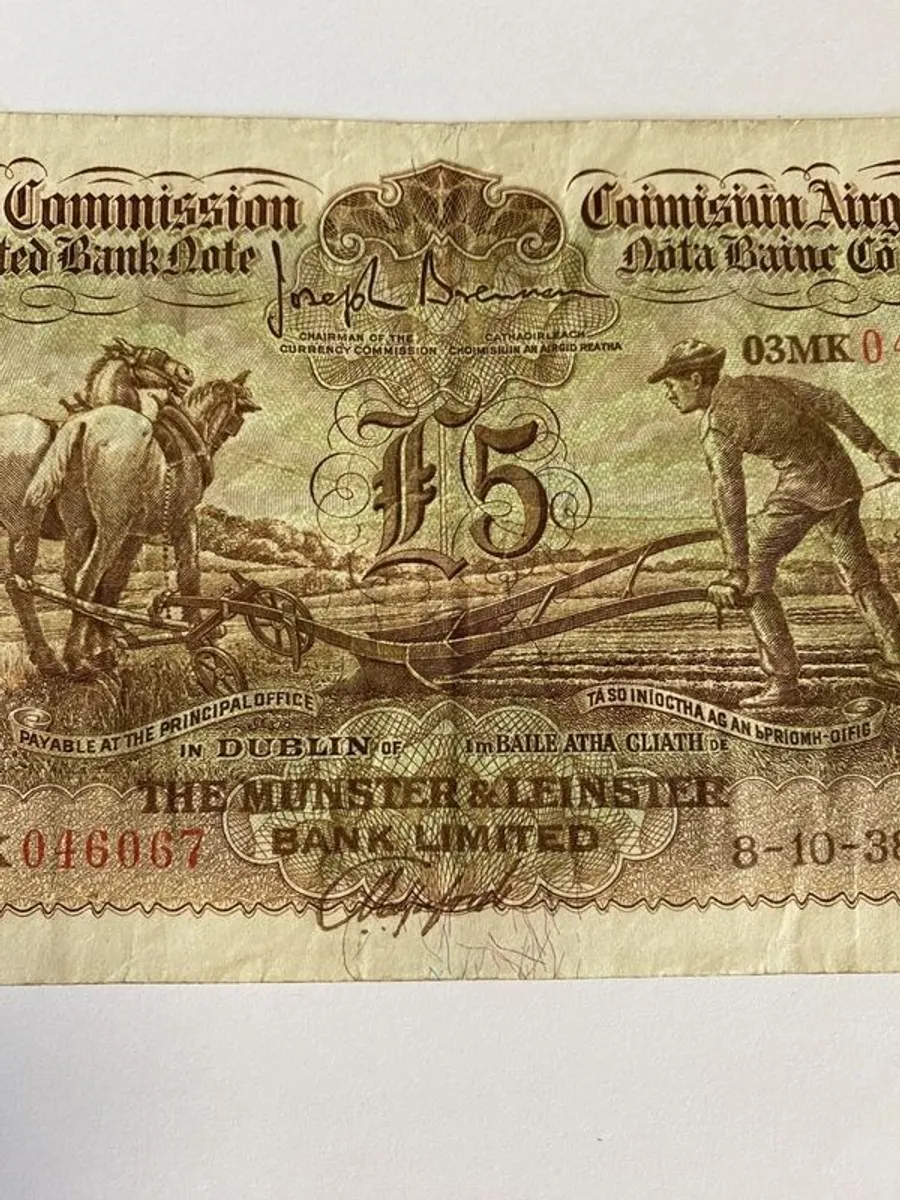 Currency Commission Consolidated Ploughman Munster And Leinster Bank Limited Five Pound Bank Note - Image 4