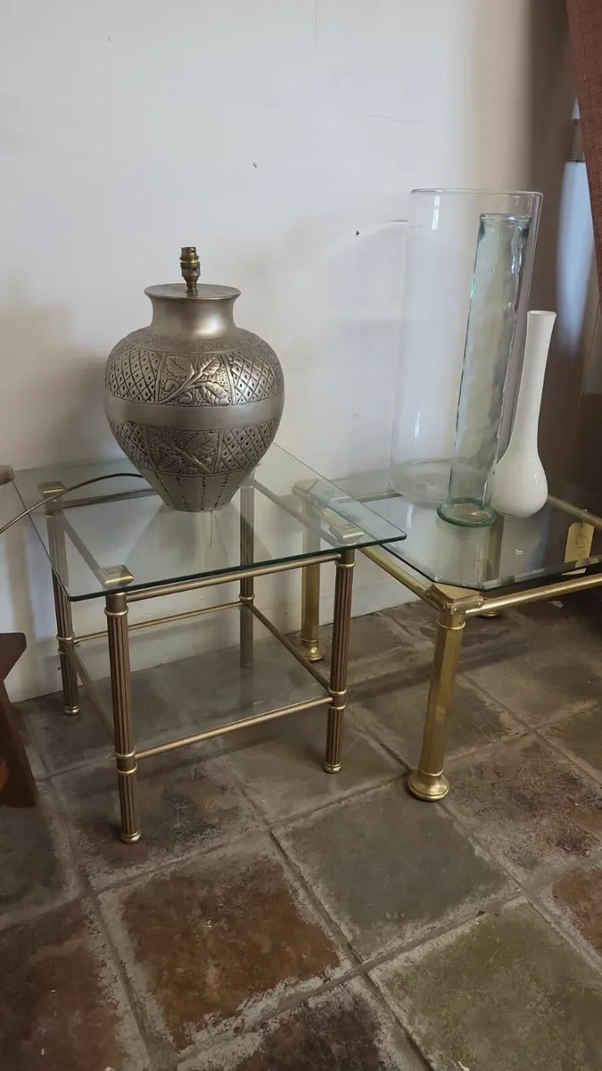 Pair vintage, 1960s brass, glass top side tables - Image 1