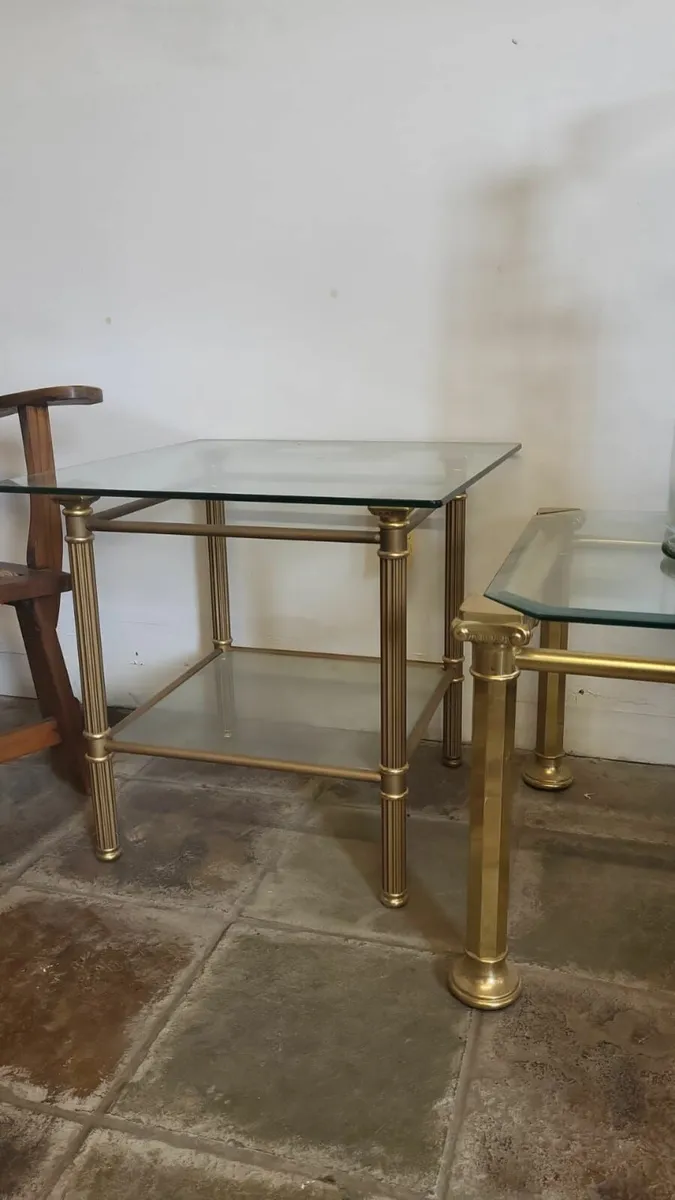 Pair vintage, 1960s brass, glass top side tables - Image 2