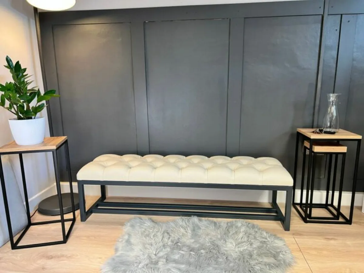 White Tufted Bench 140x40cm Dark Grey Metal Frame - Image 2
