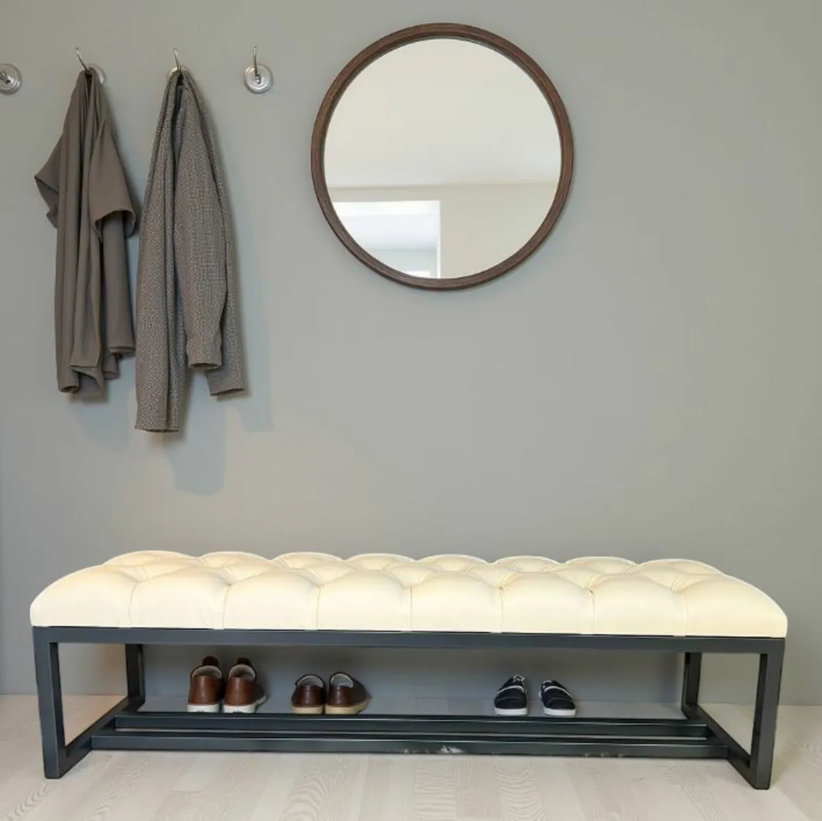 White Tufted Bench 140x40cm Dark Grey Metal Frame - Image 4