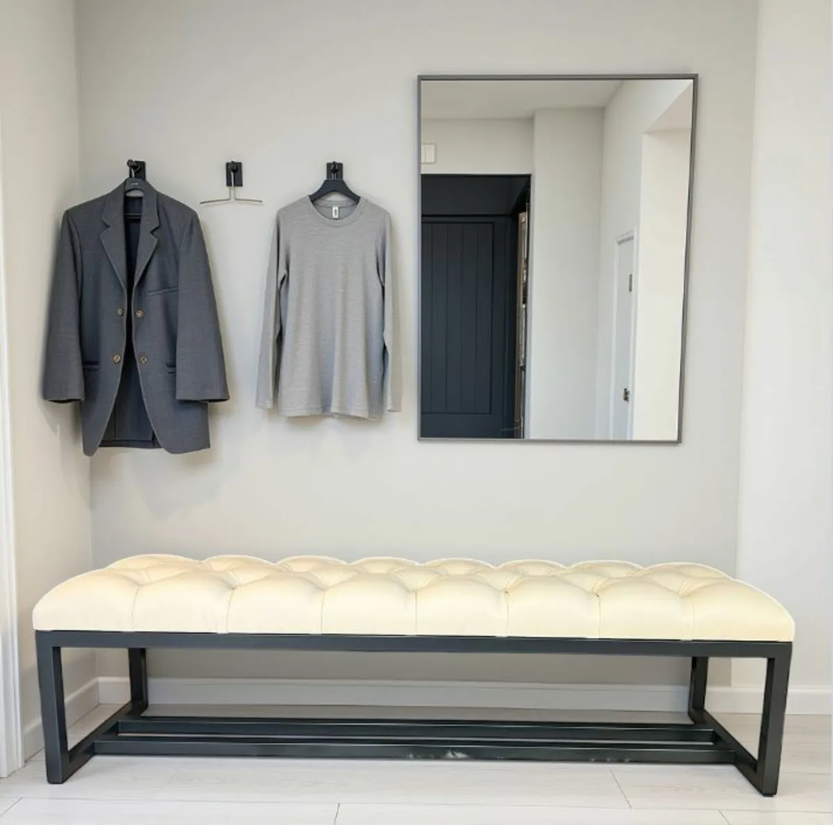 White Tufted Bench 140x40cm Dark Grey Metal Frame - Image 1