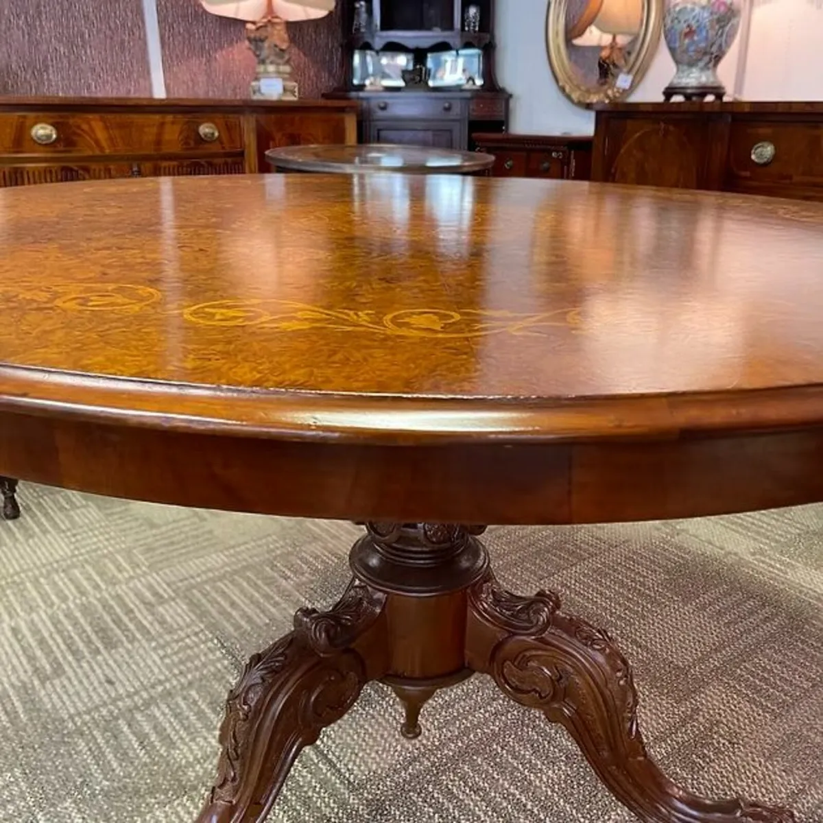 Victorian burr walnut marquetry round pod table & - Image 4