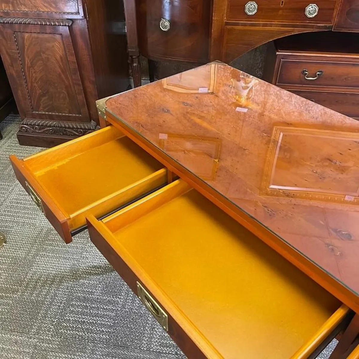 Beautiful yew campaign writing/console table - Image 3