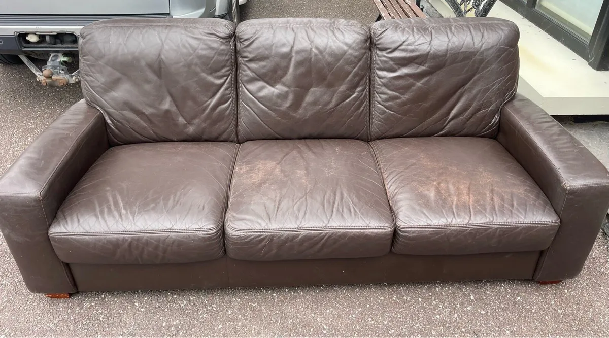 Free - Large 3 Seater Brown Leather Couch - Sofa