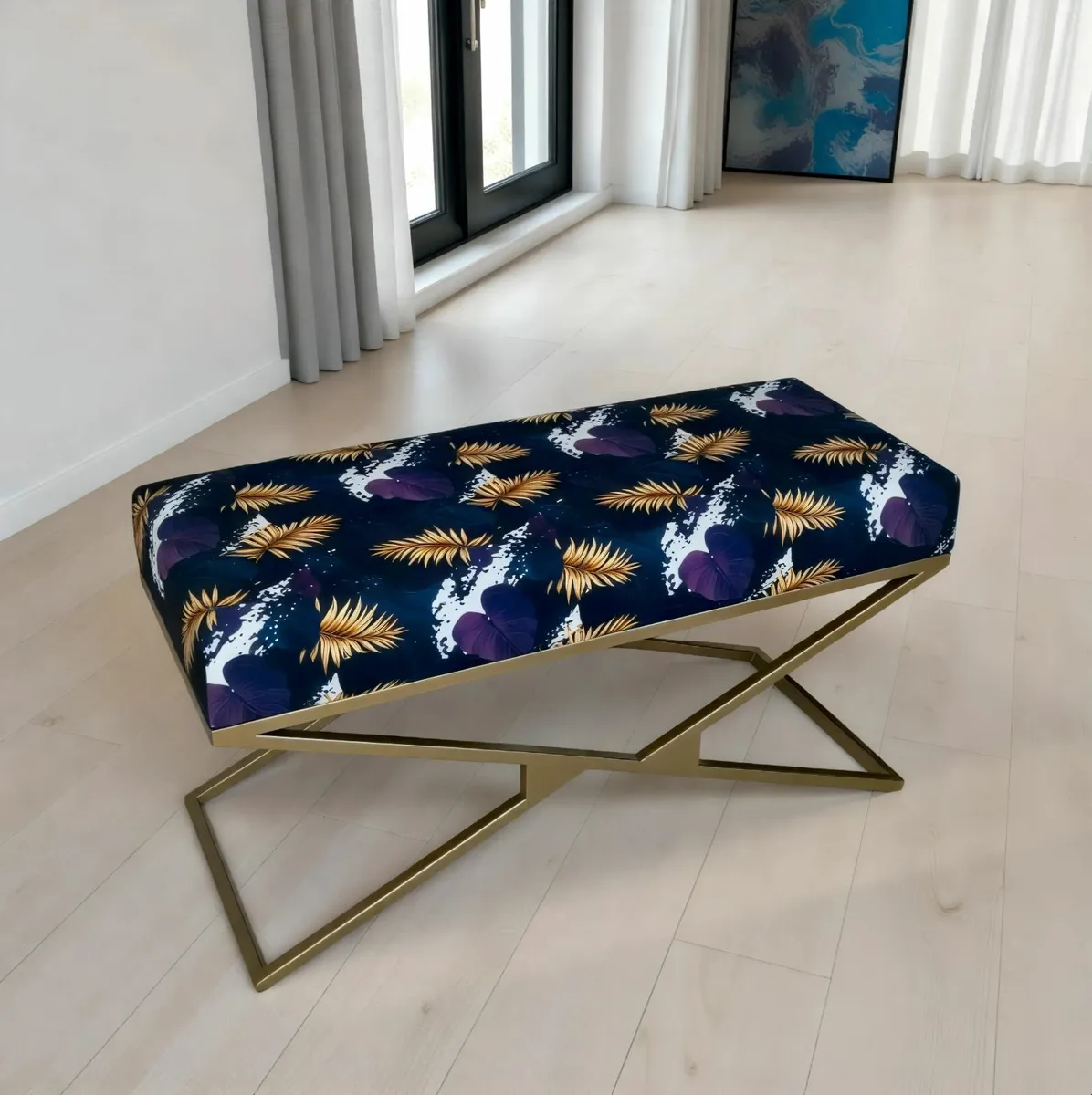 Black Patterned Velvet Black Metal Frame Bench - Image 3