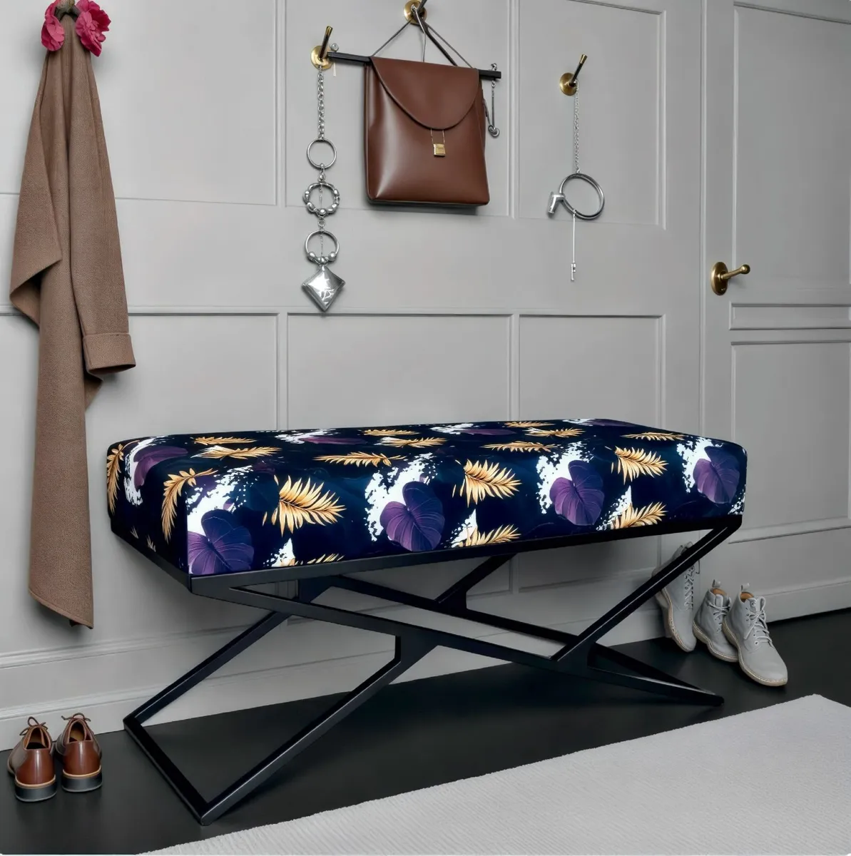 Black Patterned Velvet Black Metal Frame Bench - Image 1