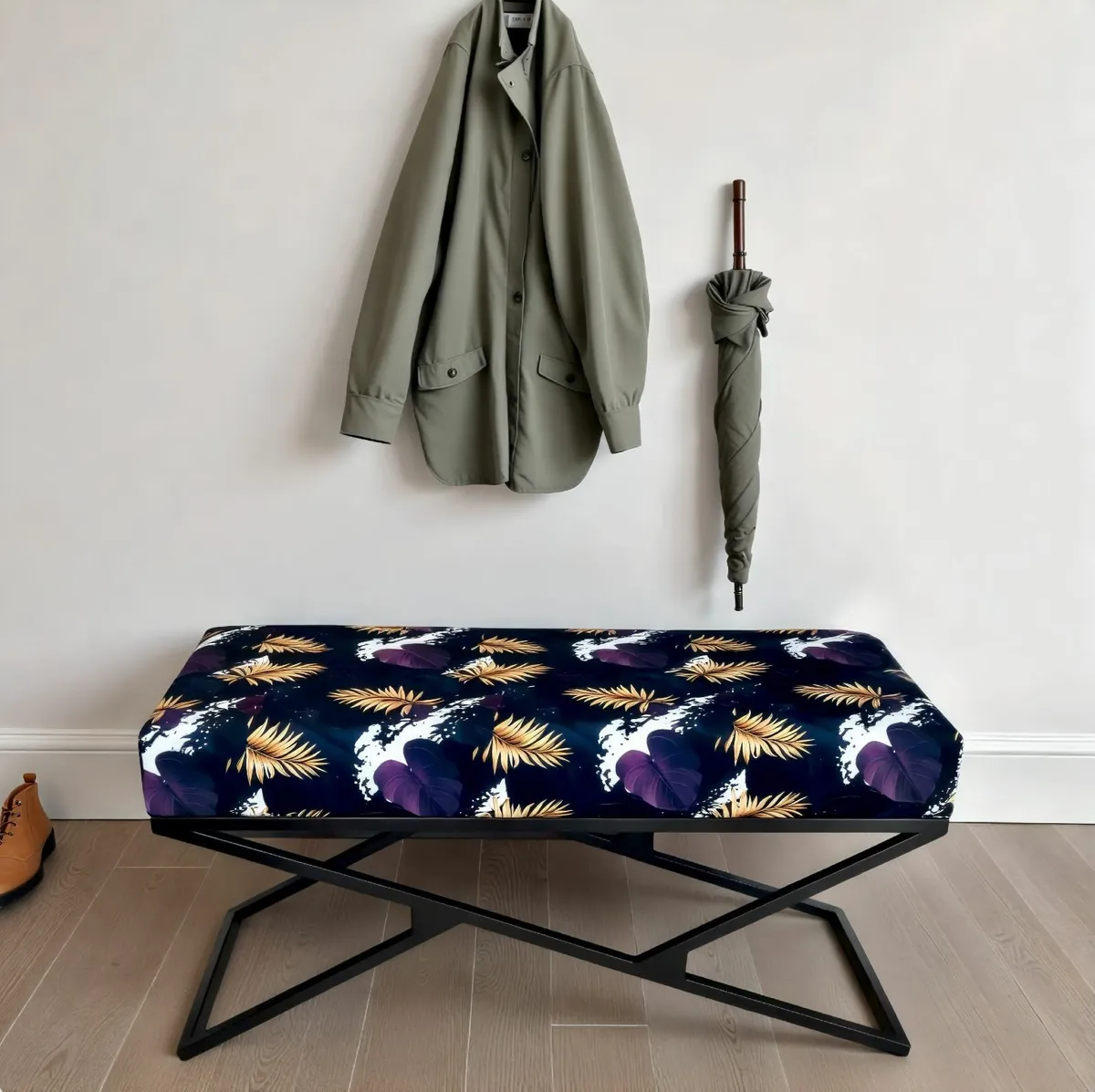 Black Patterned Velvet Black Metal Frame Bench - Image 2