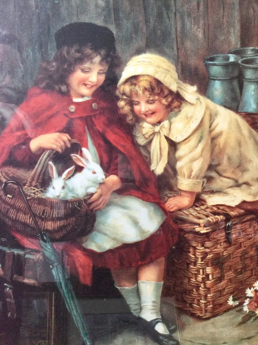 Antique “Girls with Rabbits” Print - Image 1